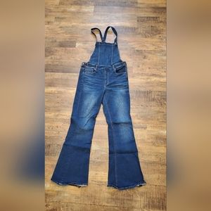 American Eagle Womens Denim Flare Overalls Size 14 Dark Wash Blue Hippie